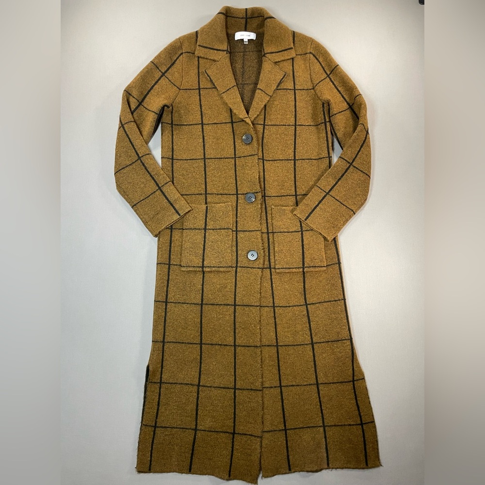 John + Jenn Long Button-Front Sweater Jacket/Coat, Windowpane - Womens Small